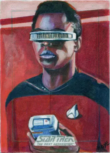 Person in Star Trek uniform and visor holding a VHS tape, sketch card by Marcia Dye