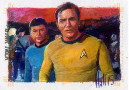 Two men in Star Trek uniforms on Charles Hall’s sketch card from Amok Time