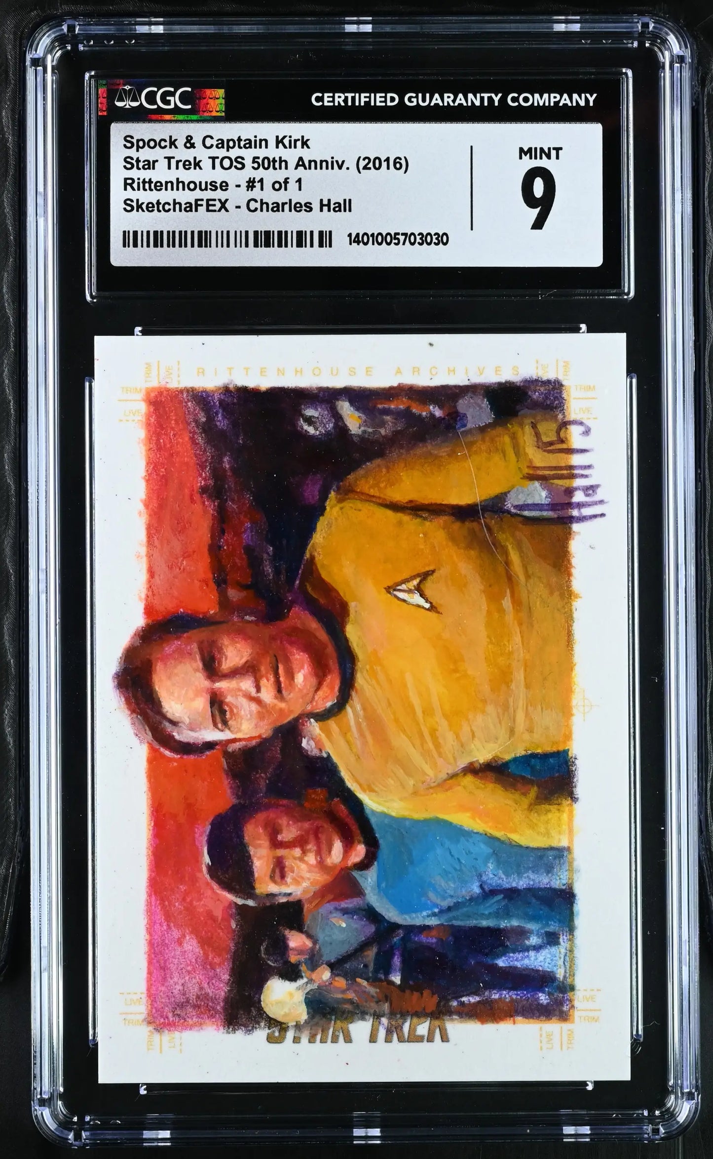 Graded Charles Hall Star Trek TOS Sketch Card in yellow and blue uniforms from Amok Time