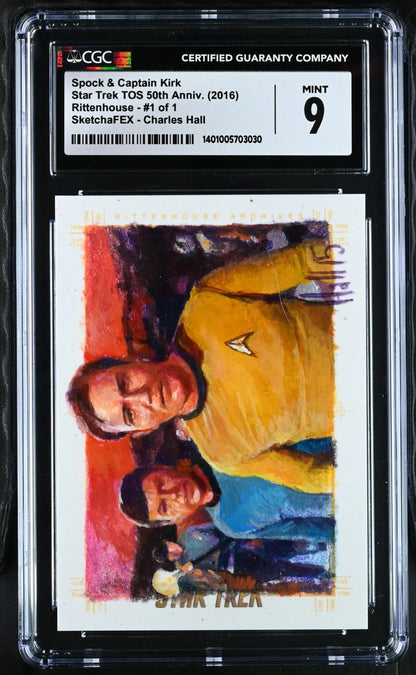 Graded Charles Hall Star Trek TOS Sketch Card in yellow and blue uniforms from Amok Time