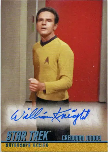 Autographed Star Trek trading card of William Knight as Moody in yellow uniform