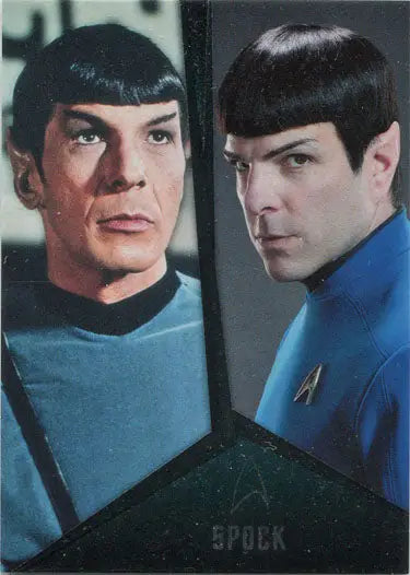 Split image of Spock in Starfleet uniforms on a crew chase card from Star Trek TOS