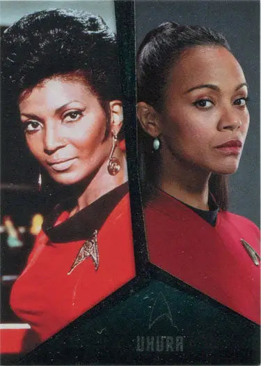 Side-by-side portraits of women in red Star Trek uniforms from different eras for crew chase card