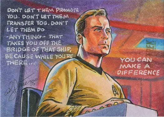 Colorful Andy Price illustration of Captain Kirk in gold uniform on trading card