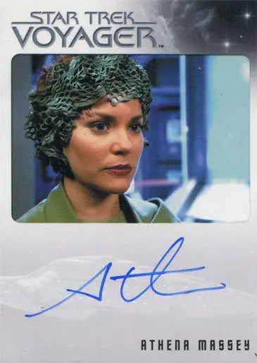 Autographed trading card of Athena Massey as Jessen from Star Trek Voyager with green hair