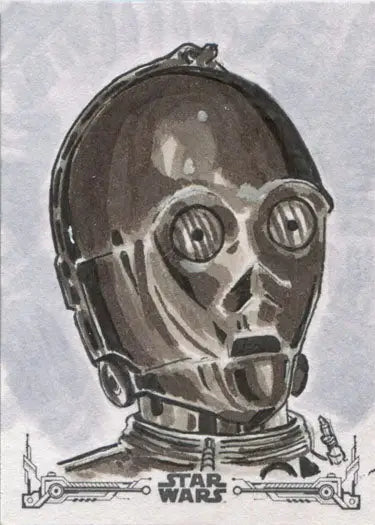 Protocol droid head with round eyes in Star Wars Black & White Sketch Card design