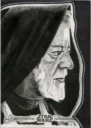 Profile view of a hooded figure on a Star Wars white sketch card by Juan Rosales