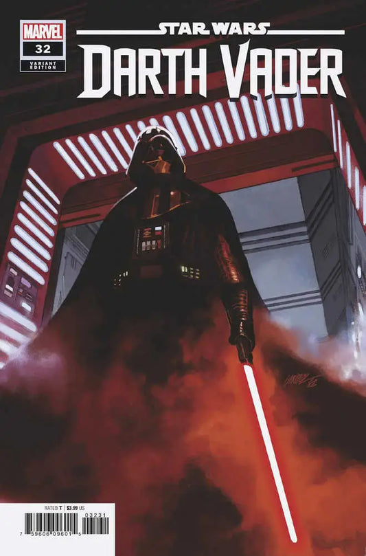 Darth Vader menacingly wields a red lightsaber in Star Wars trading cards artwork