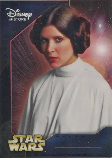 Star Wars Disney promo trading card of Carrie Fisher as Princess Leia in white robe