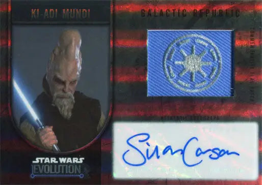 Star Wars trading card with flag patch and autograph of Silas Carson as Ki-Adi-Mundi