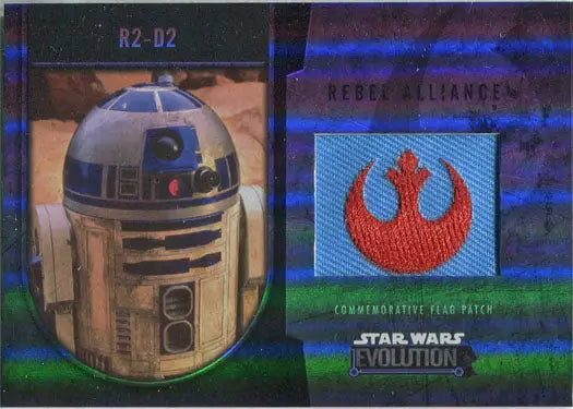 R2-D2 from Star Wars on a commemorative flag patch card, showcasing its iconic design