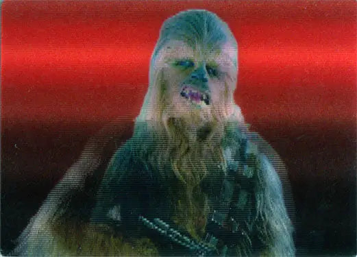 Furry humanoid creature with sharp teeth on Star Wars trading card featuring Chewbacca