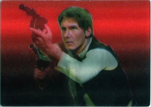 Man with green-tinted hair holds blaster pistol in Han Solo trading card design