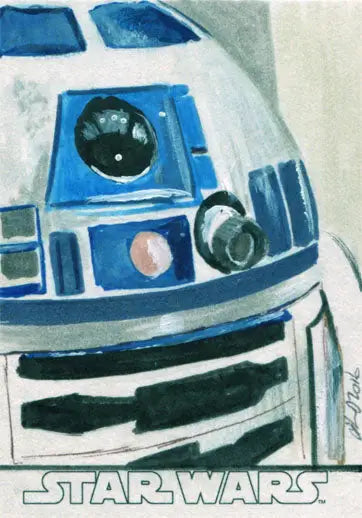 Blue and white droid inspired by R2-D2 on Solly Mohamed sketch card trading card