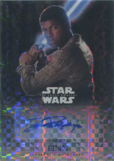 Holographic John Boyega Finn trading card in dramatic pose from Star Wars Force Awakens