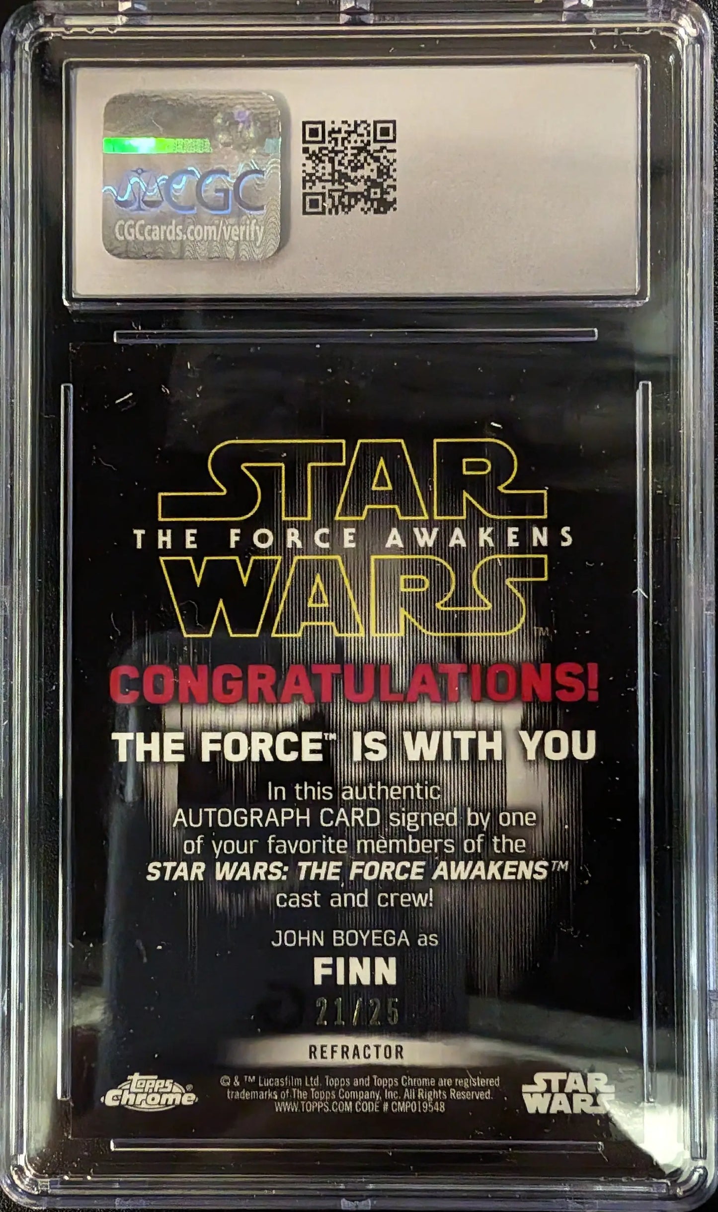 Star Wars Force Awakens Autograph Card of John Boyega as Finn with QR code and label