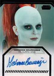 Autograph card of Michonne Bourriague as Aurra Sing with pale skin and bright red hair