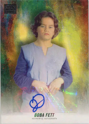 Portrait of Daniel Logan in lavender top against colorful background for Boba Fett trading card