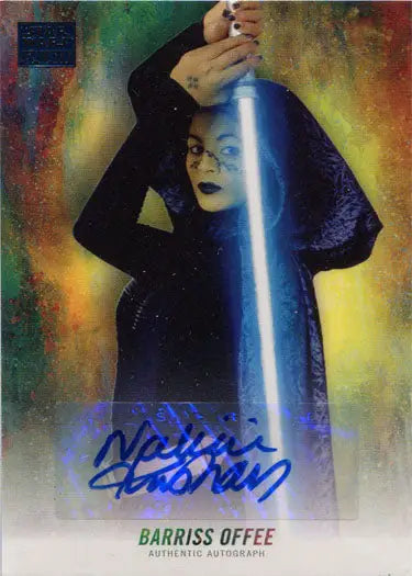 Hooded figure with a glowing blue lightsaber in Nalini Krishan Star Wars trading card