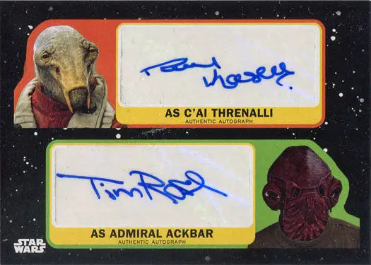 Star Wars autograph card featuring C’ai Threnalli and Admiral Ackbar by Paul Kasey Tim Rose