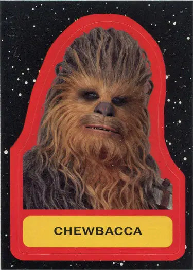 Furry brown-haired Chewbacca against a starry background on Star Wars sticker card