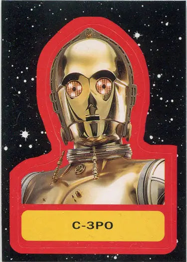 Golden humanoid robot with glowing red eyes on Star Wars Journey Rise Skywalker sticker card