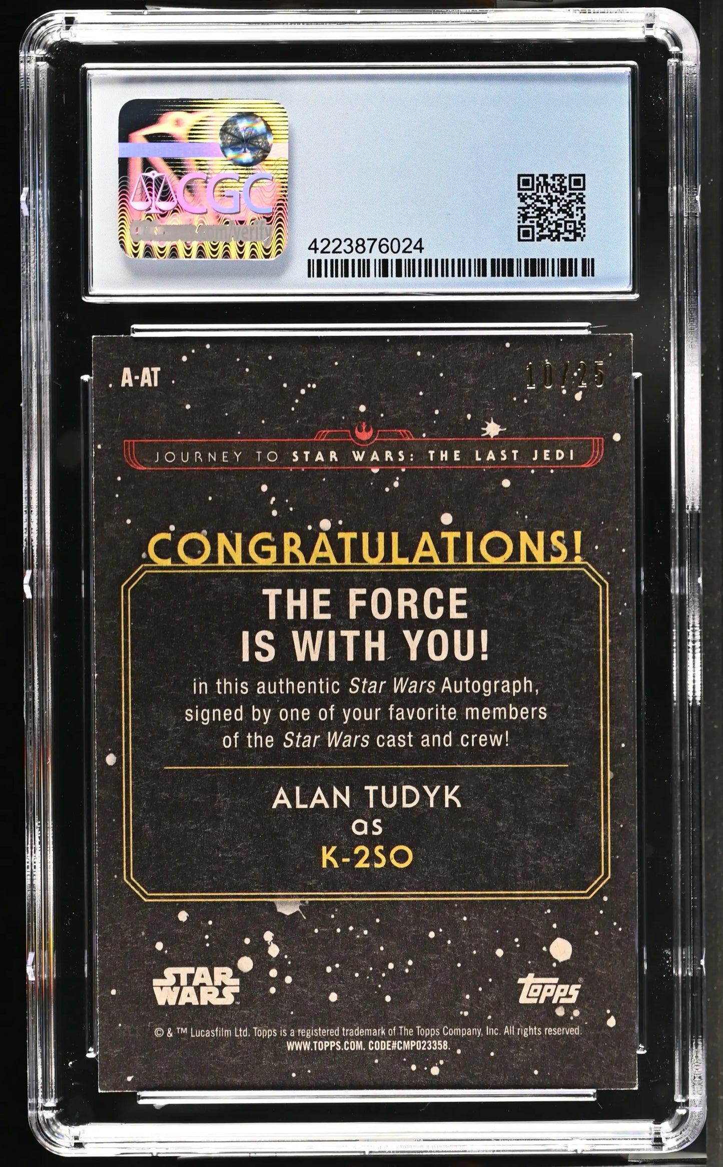 Graded Star Wars autograph card in protective case featuring Alan Tudyk K-2SO