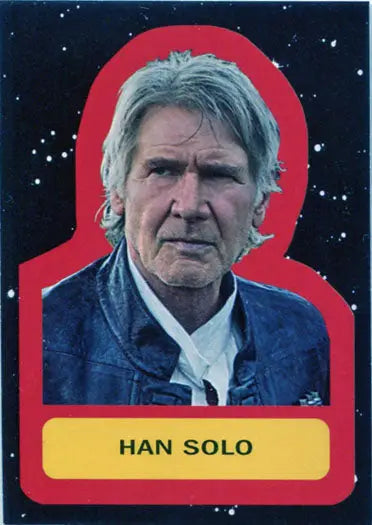 Portrait of older gray-haired man labeled Han Solo from Star Wars Journey sticker chase card