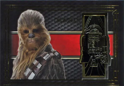 Wookiee character Chewbacca in bandolier on Star Wars Last Jedi commemorative emblem card