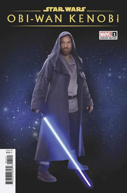 Comic book cover of Obi-Wan Kenobi with blue lightsaber in Star Wars series