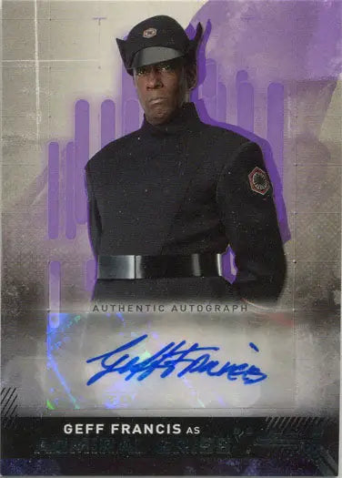 Autograph card of Geff Francis as Griss from Star Wars trading cards in purple 22/25