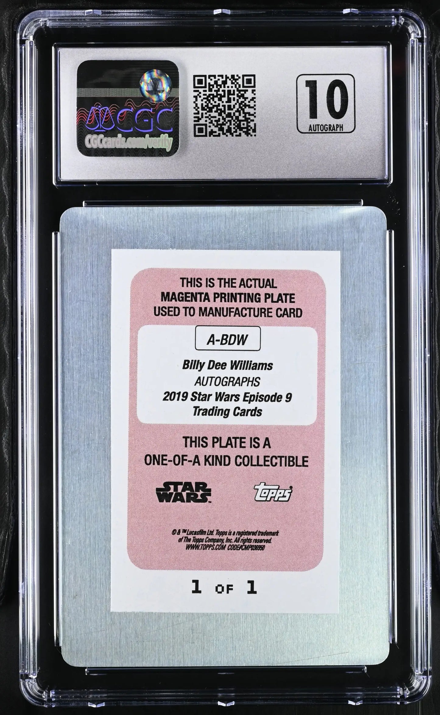 Encased Star Wars collectible card featuring Billy Dee Williams Magenta Plate CGC 8 NM/Mint