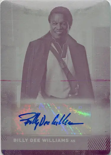 Autographed trading card of Billy Dee Williams in a suit and scarf from Star Wars