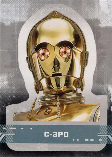 Golden humanoid robot with glowing eyes on Star Wars Rise Skywalker character sticker card