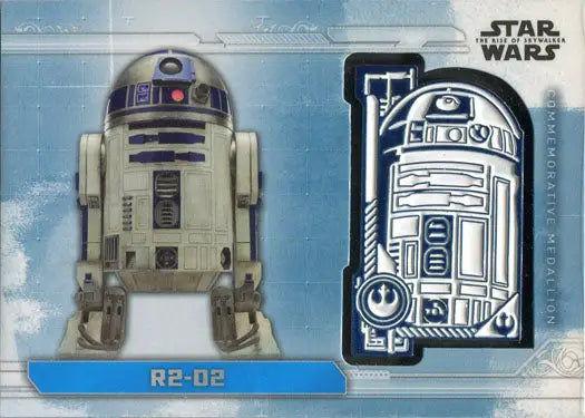 Cylindrical R2-D2 astromech droid on Star Wars Rise Skywalker Commemorative Medallion Card