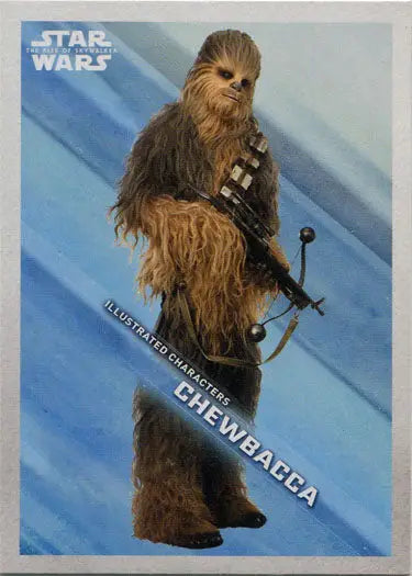 Tall furry bipedal creature Chewbacca illustrated character trading card from Star Wars