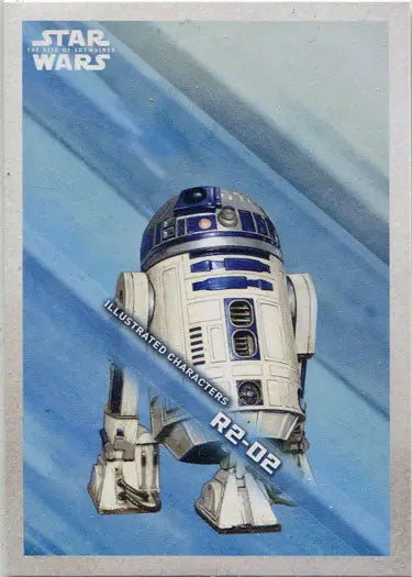 Cylindrical white and blue droid R2-D2 illustrated character from Star Wars trading cards