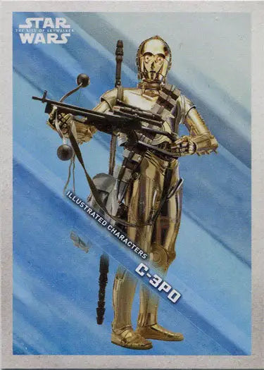 Golden humanoid robot C-3PO holding blaster in Star Wars illustrated character card