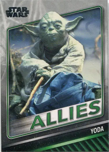 Yoda with his cane featured on the Star Wars Allies Chase Card A-7 collectible