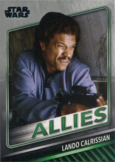 Man with mustache in blue shirt focused on Star Wars Allies Chase Card A-8 Lando Calrissian