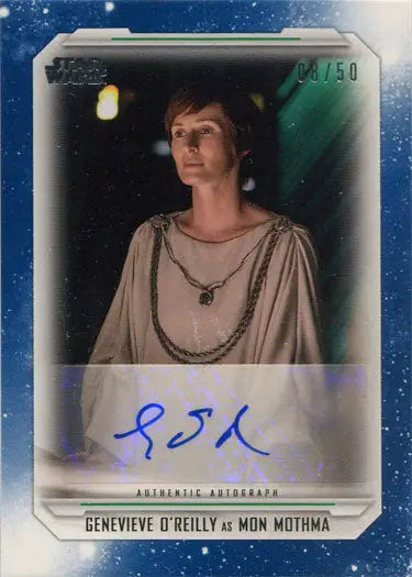 Autographed trading card of Genevieve O’Reilly in a white robe, Star Wars Skywalker Saga