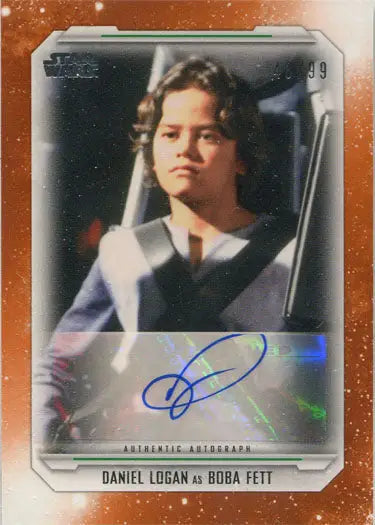 Autographed Daniel Logan Boba Fett trading card in blue vest and white shirt