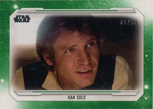 Close-up portrait of Han Solo on Star Wars Skywalker Saga Green Parallel Base Card