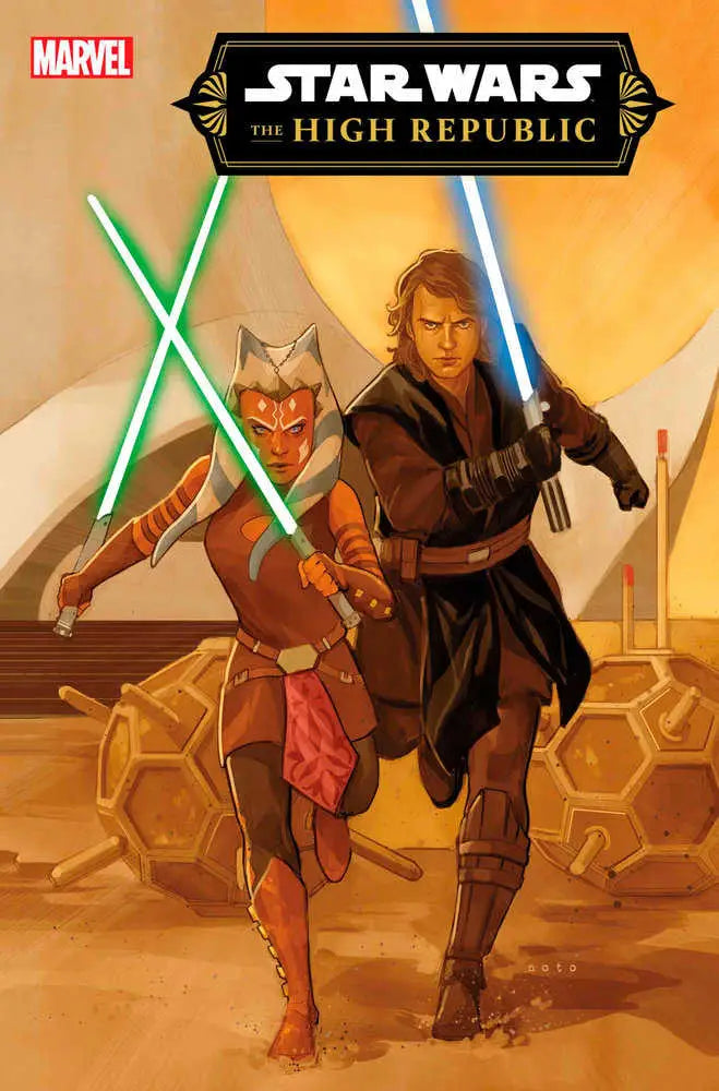 Jedi and Togruta warrior on Star Wars trading cards cover art with ignited lightsabers