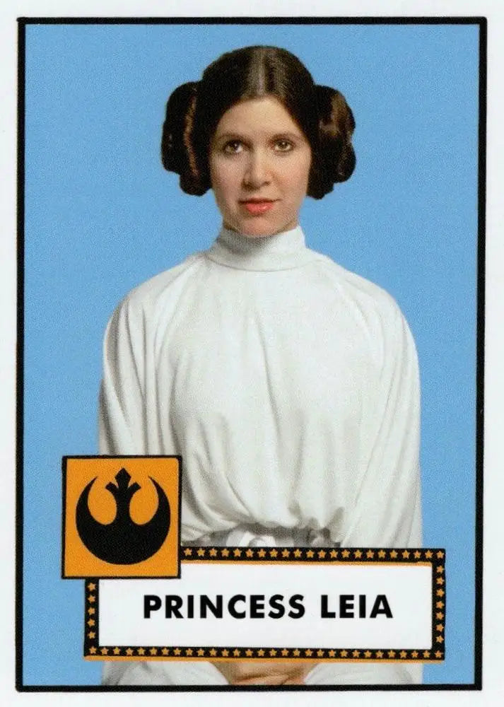 Woman in white robe with side buns hairstyle and Rebel Alliance logo on Star Wars trading card