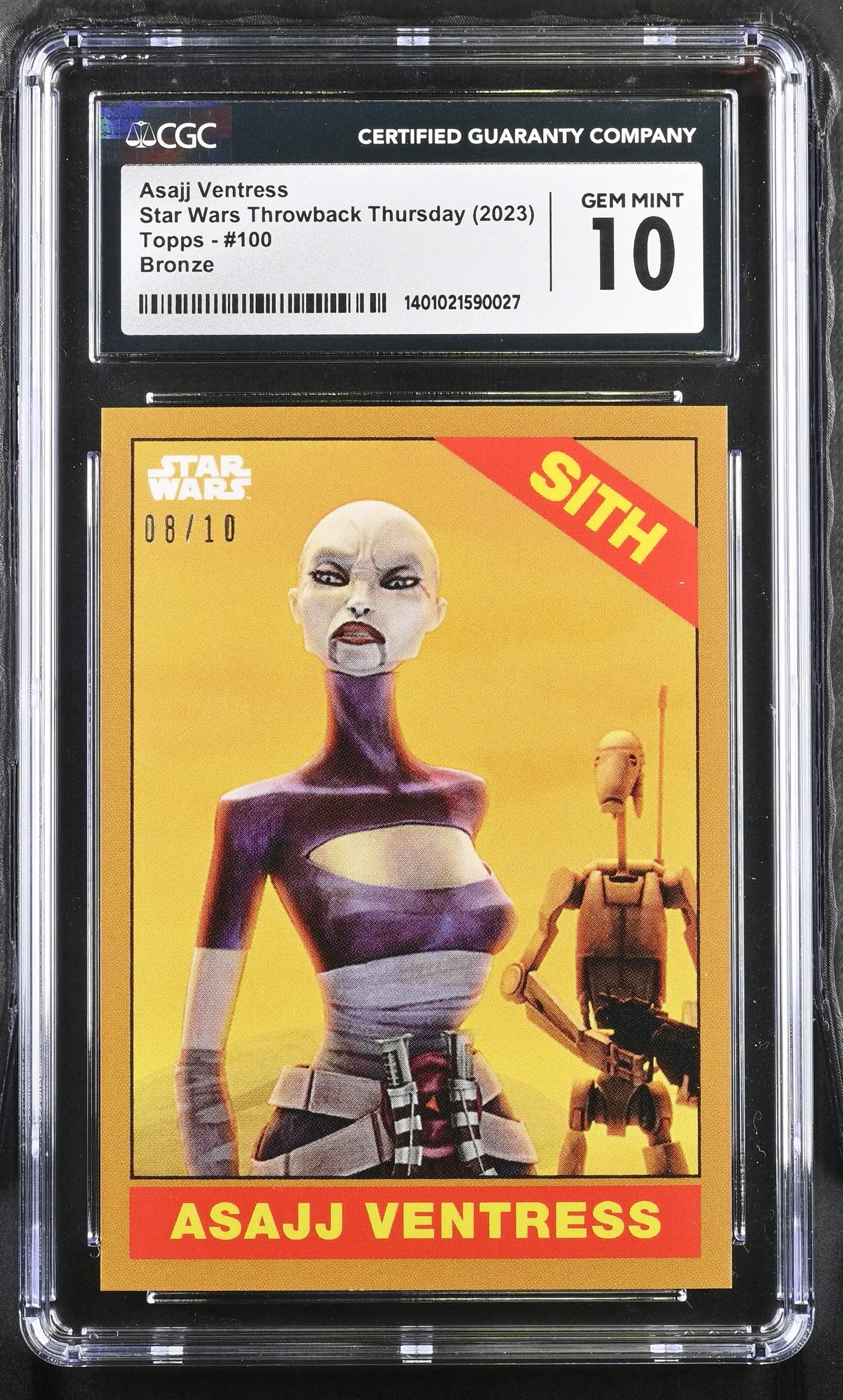 Graded Star Wars trading card of Asajj Ventress in yellow and red design