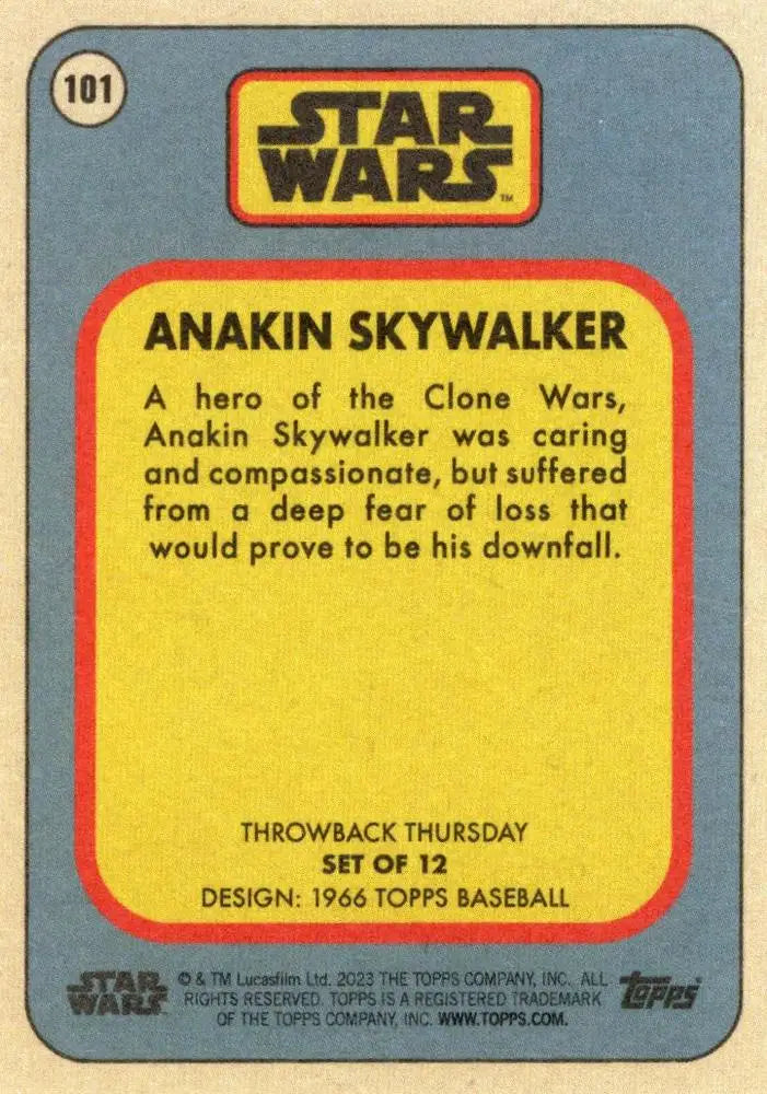 Trading card of Anakin Skywalker from Star Wars in Topps Baseball design