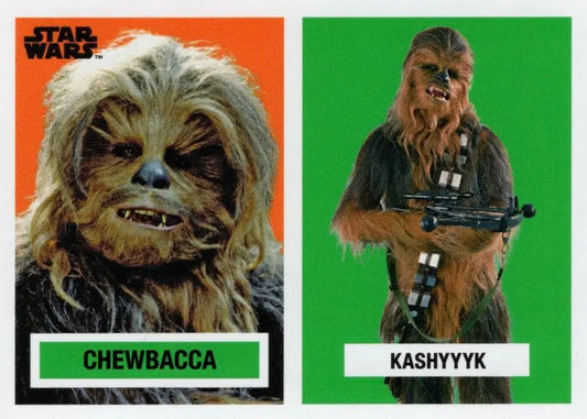 Trading cards of Chewbacca and Kashyyyk from Star Wars on vibrant backgrounds