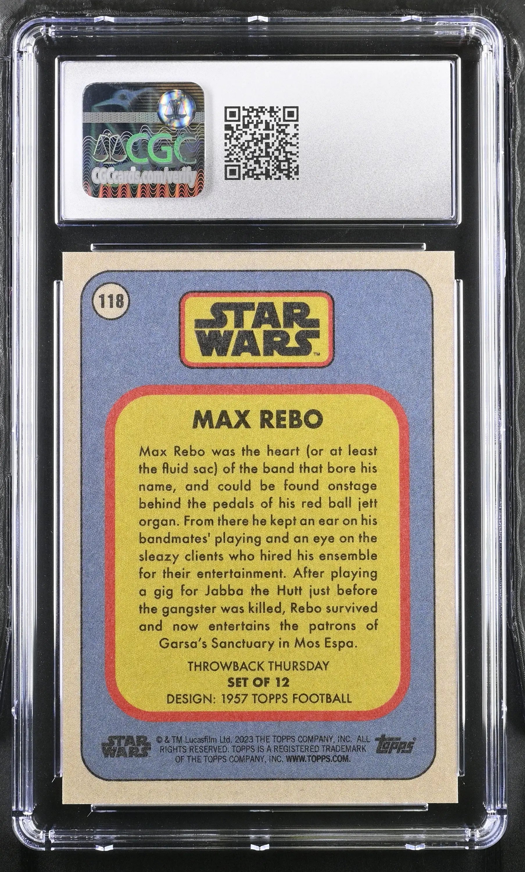 Star Wars trading card of Max Rebo, graded CGC 10 Gem Mint in protective holder