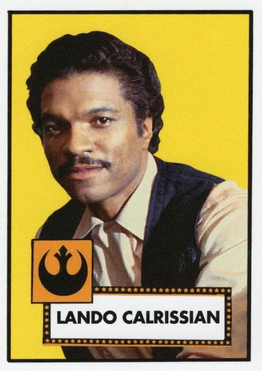 Smiling man with mustache in vest and tie on Star Wars trading card against yellow background